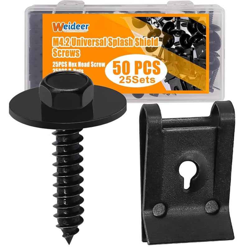 weideer 50PCS M4.2 Universal Fender Liner Screw U Nut Kit,Engine Splash Shield Hex Head Screw U Clips,Automotive Body Screws Clips (25sets) - Image 1